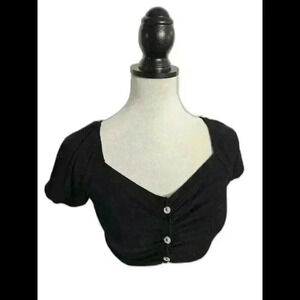 Chic Black Puff Sleeve Crop Top with Button Detail